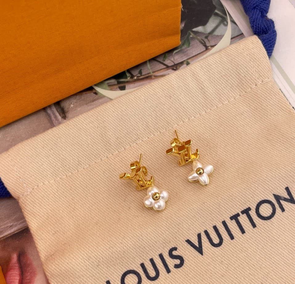 Louis Vuitton Gold Monogram Earrings with Pearl Flower